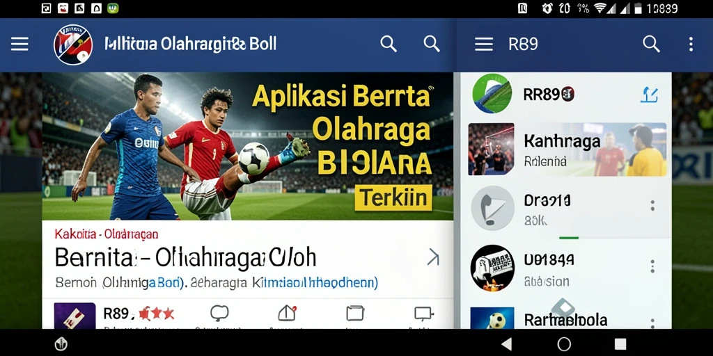 Tampilan antarmuka aplikasi RR89 dengan fitur berita olahraga bola.